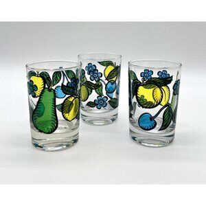Vintage Stained Glass Juice Glasses Fruit Pattern set of 3 Pear Cherries Peach